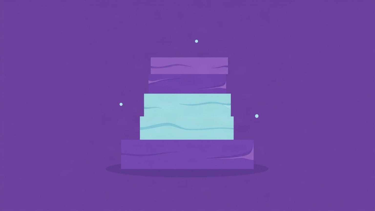 A stack of flat violet and mint slabs, each offset from the one below it, on deep violet