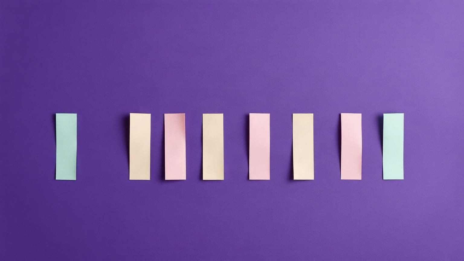 Four lilac paper bars of increasing height on a deep violet ground, the tallest one topped with a small pale mint square