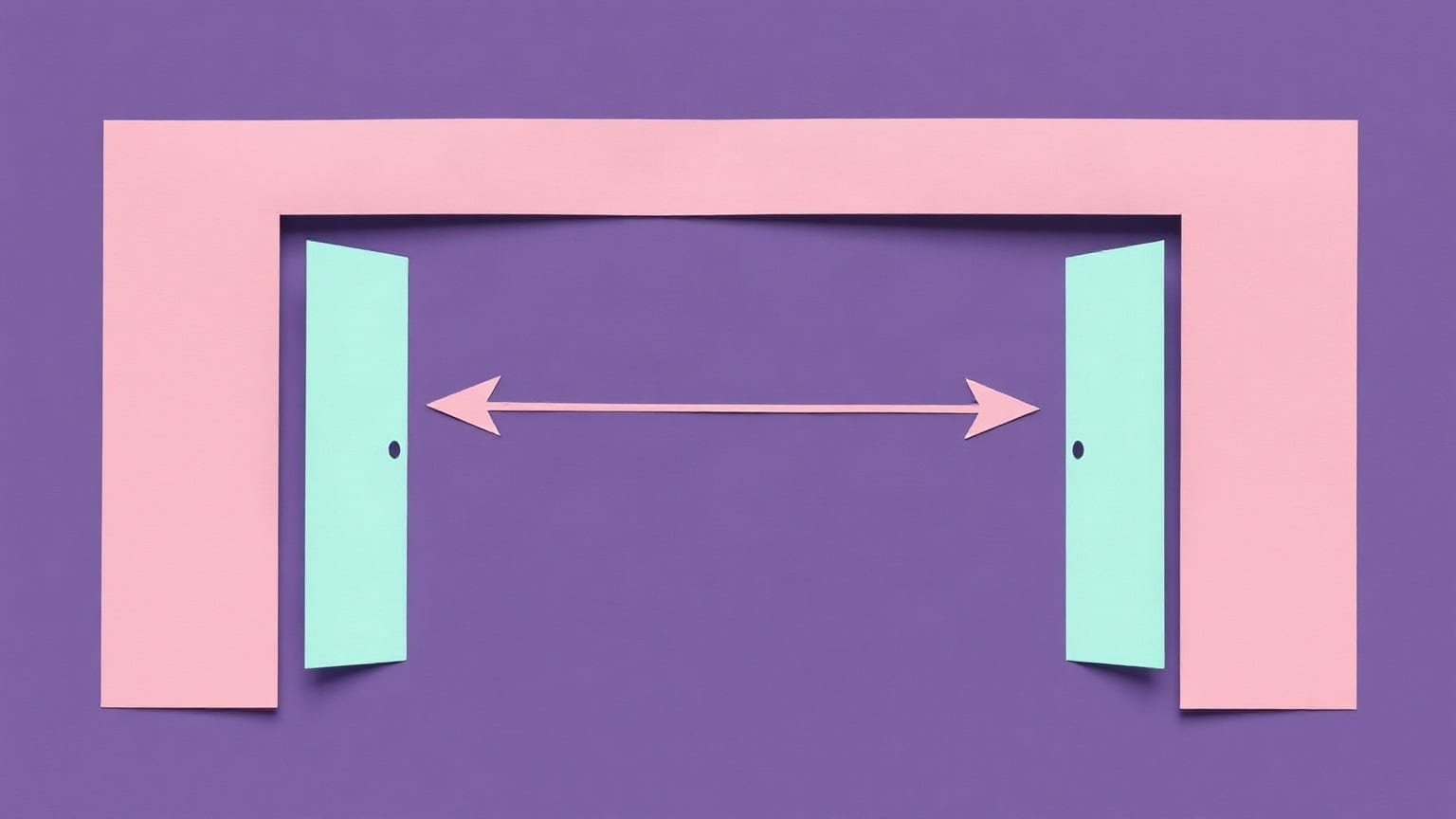 Two narrow violet paper gates standing open in front of a long mint arrow crossing the frame