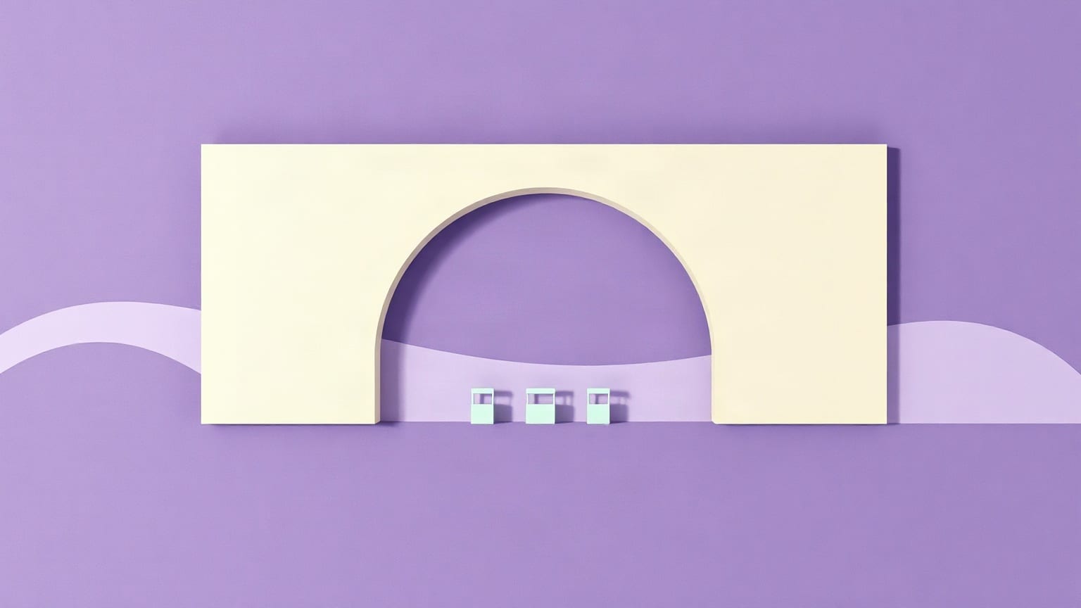 A broad cream wall on a violet ground with a single tall arch cut through the middle of it, and three small pale mint booth shapes standing in the opening