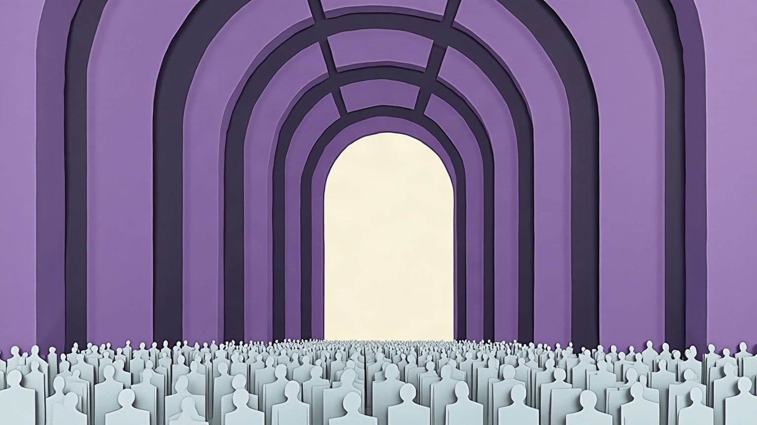 A tall paper hall with a barrel-vaulted glass roof cut as flat violet and lilac sheets, a wide crowd band of pale mint below it