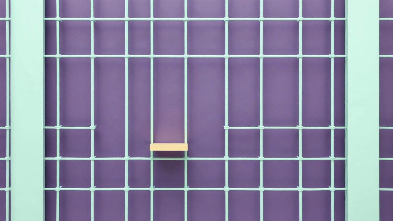 A grid of pale mint scaffolding bars covering the whole frame on a violet ground, with one small cream platform resting on a bar at the centre