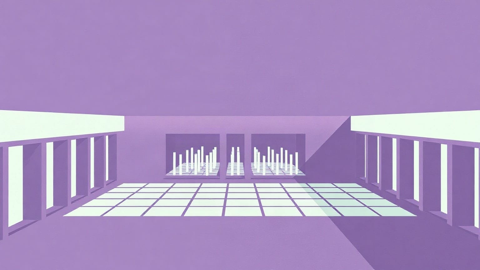 A square courtyard in violet paper enclosed by a run of pale column slabs, a grid of short cream jets rising from the paving inside it