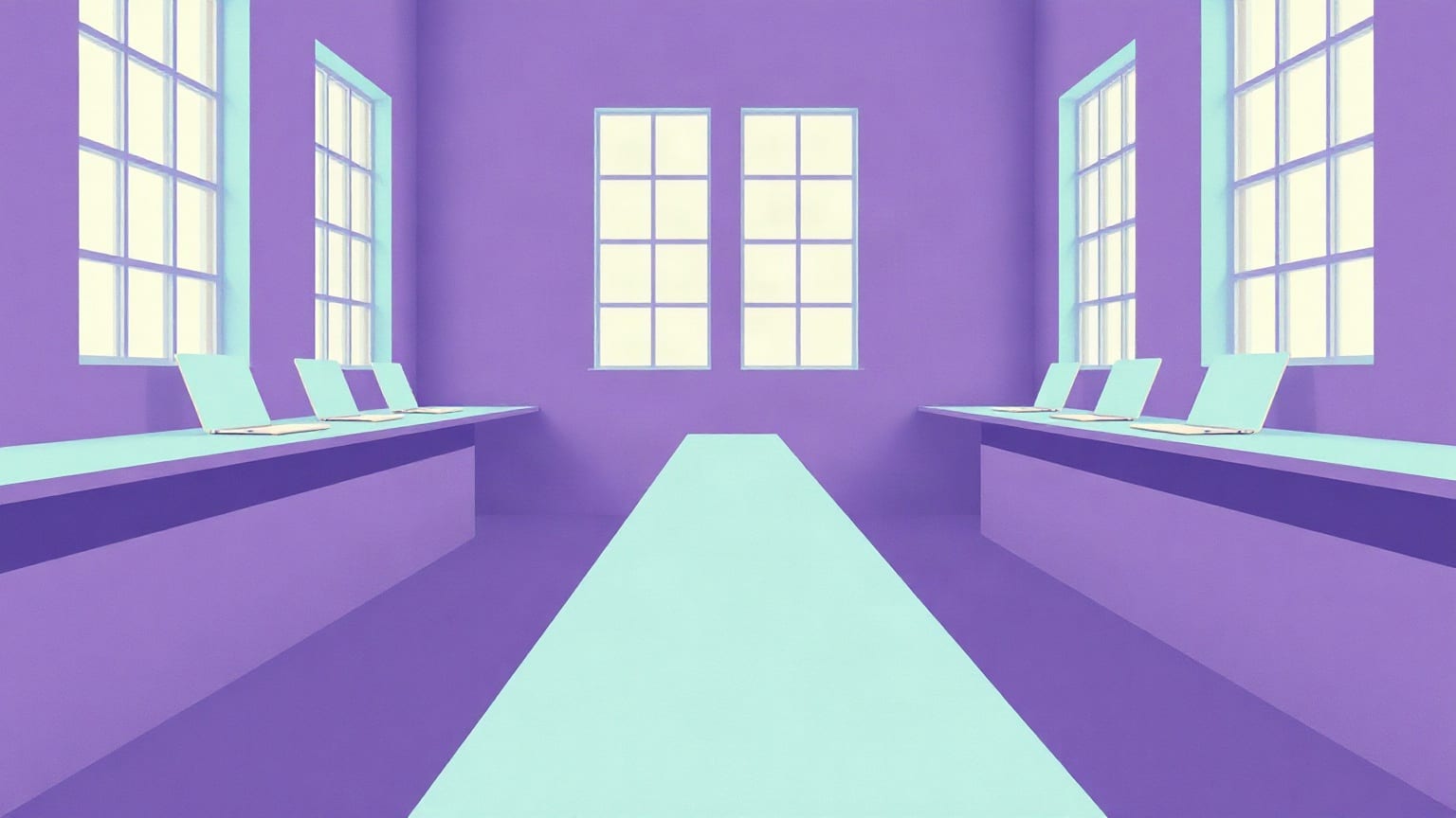 A tall violet room with a pale mint aisle running away down the middle, a long desk along each side wall carrying open laptops, and bright windows above them