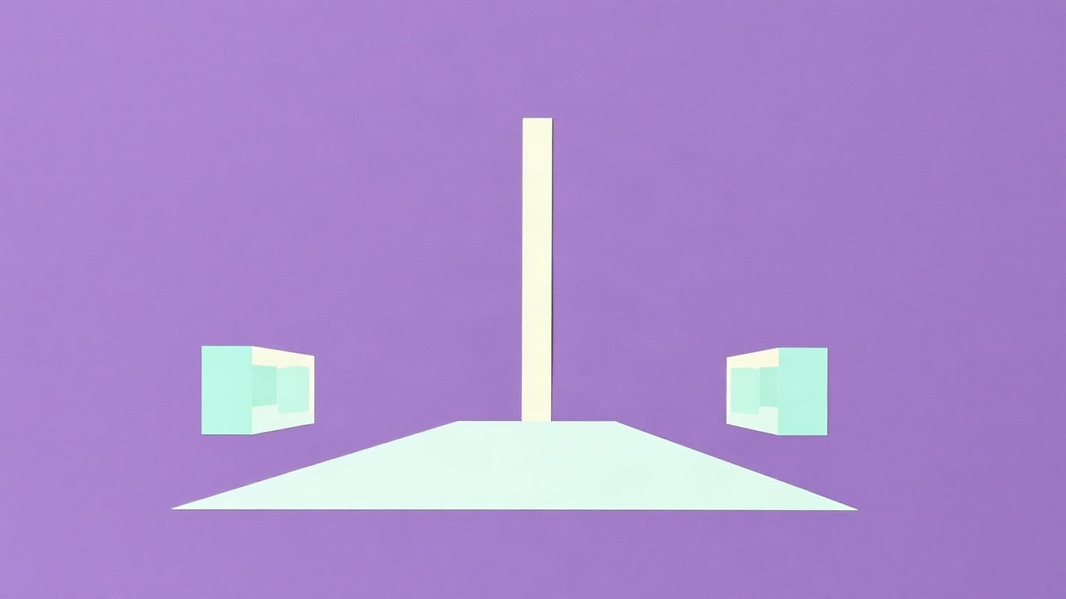 A wide flat hall in violet paper with two rows of small stand shapes and one tall mint tower rising behind it