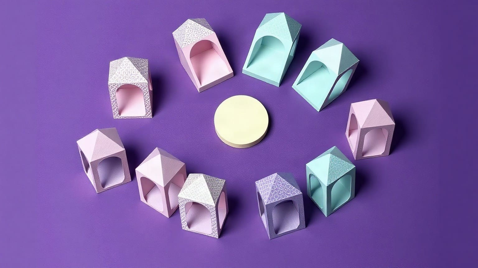 A ring of flat pavilion shapes in violet, lilac and mint paper arranged around a small cream disc