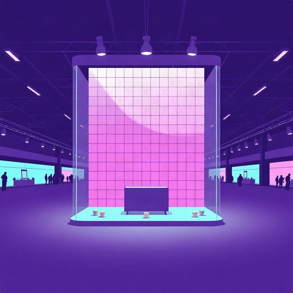 A glass-walled booth in a dark exhibition hall, a tall screen of glowing pink tiles inside it and small cups of tea on its mint floor