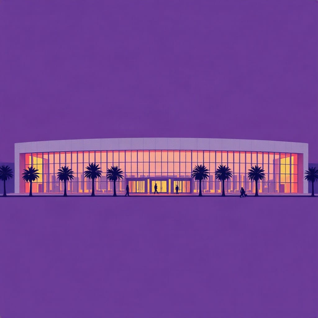 A long curved glass convention hall lit warm from inside at dusk, palm trees along its front and a few figures walking to the doors