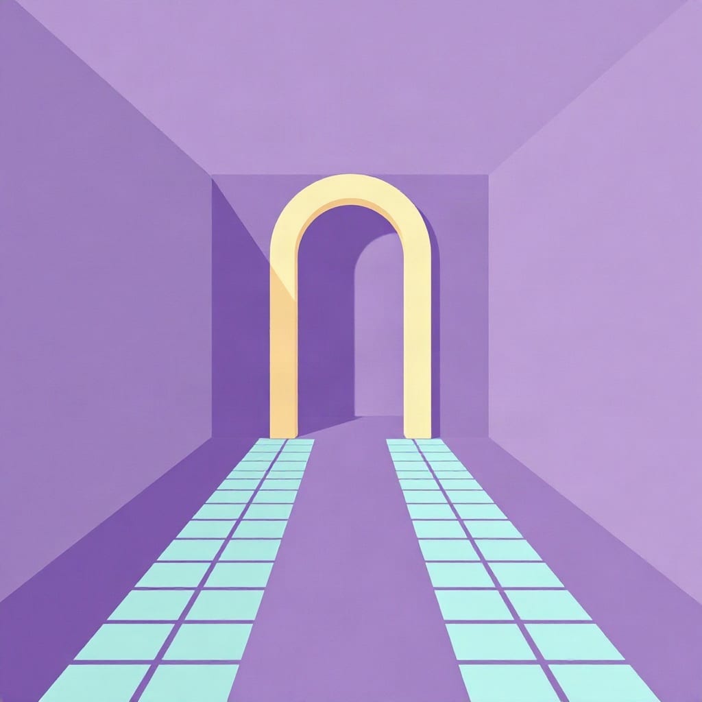 A violet corridor with a tall cream archway at the far end and two parallel lanes of pale mint floor tiles running towards it