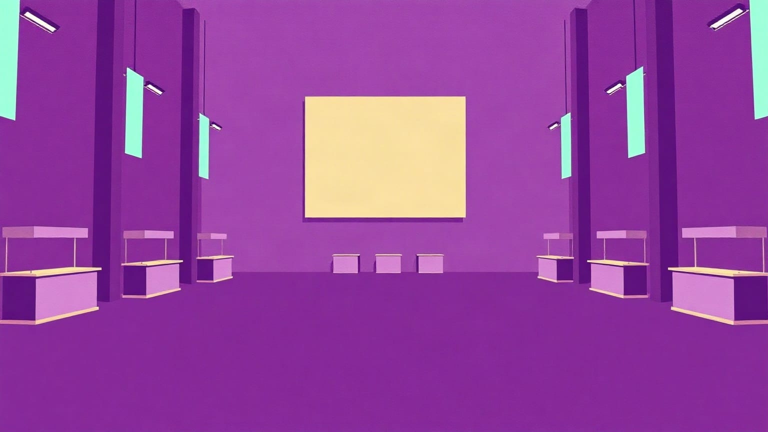 A violet exhibition hall with a row of pale lilac booth counters down each side wall, mint banners and track lights hanging between the columns, a large blank cream board on the far wall and an empty floor down the middle