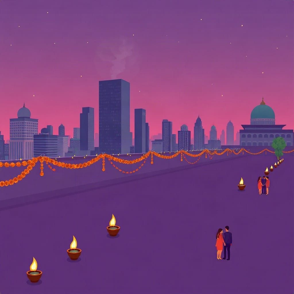A rooftop at dusk lined with small flame-lit clay lamps and marigold garlands, a few couples standing before a skyline of towers