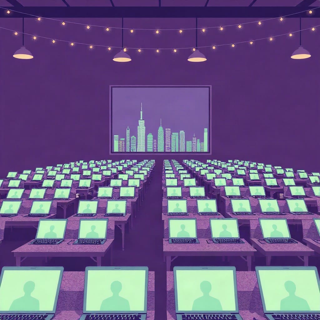 A hall at night with long rows of tables of laptops glowing mint under strings of small lights, a city skyline in the far window