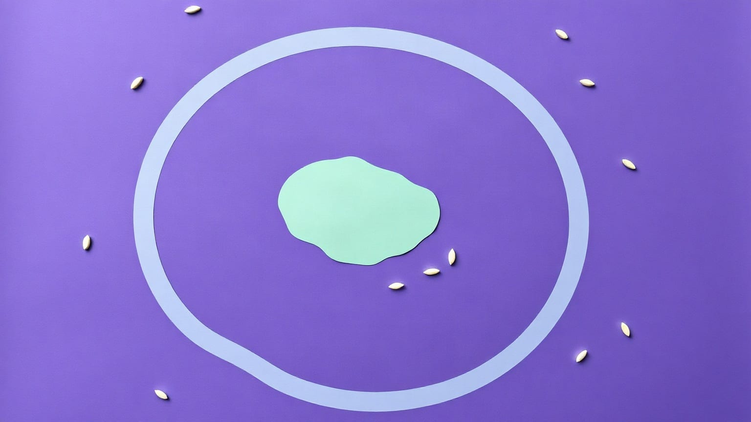 A map seen from overhead: a small mint island at the centre of a violet sea, ringed by one wide pale band, tiny cream boat shapes scattered around it