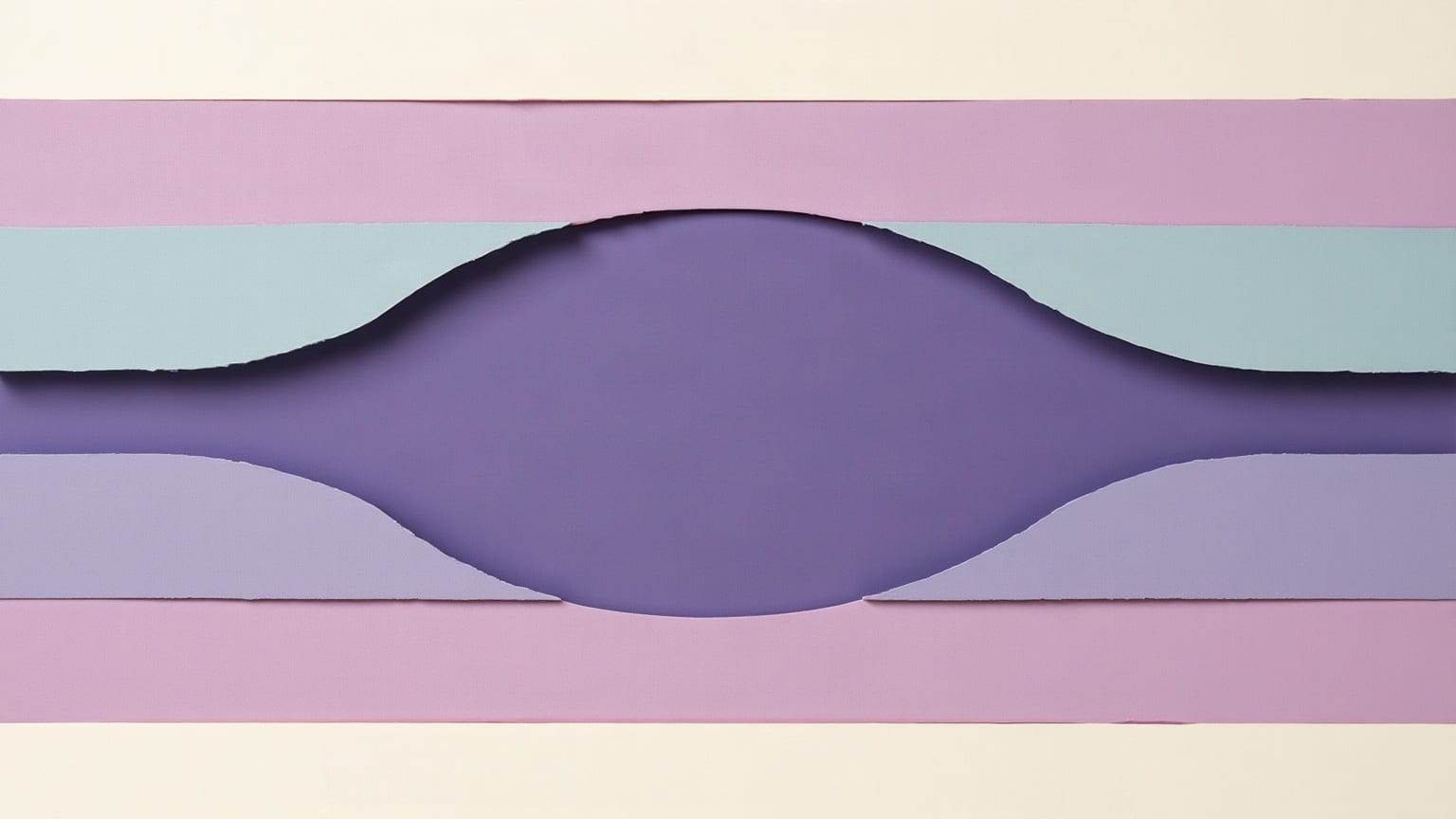Horizontal paper bands across the frame, with a wide lens-shaped overlap where two of them meet at the centre