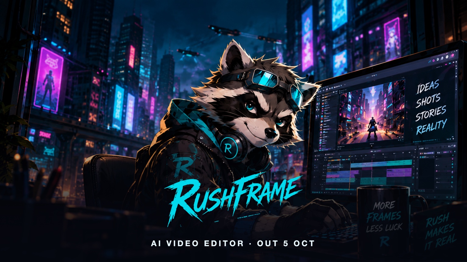 A raccoon in goggles and headphones works at a video editing workstation in a neon city at night, under the RushFrame wordmark