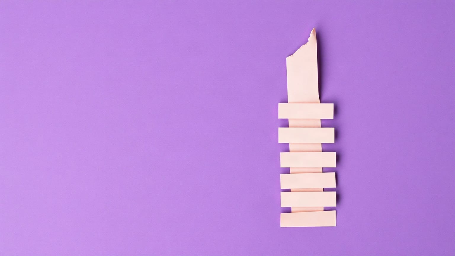 A steep ascending stack of narrow paper bars in violet and mint against a pale ground