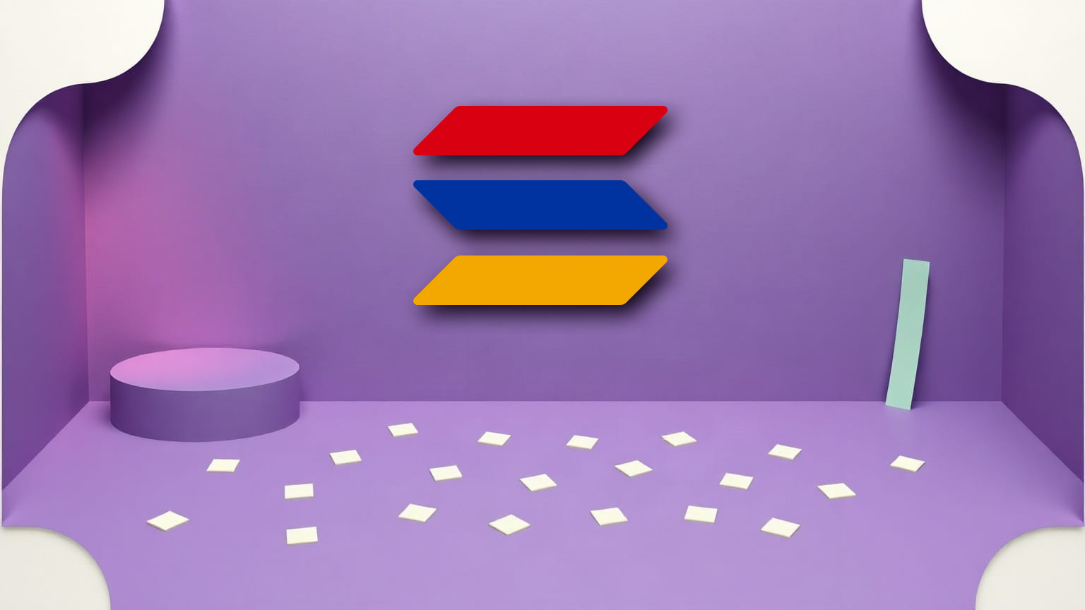 A low wide room in violet paper with the three-bar Solana mark hanging on the back wall in the red, blue and apricot of the Armenian flag, a small raised platform at one end and flat cream and mint rectangles scattered across the floor