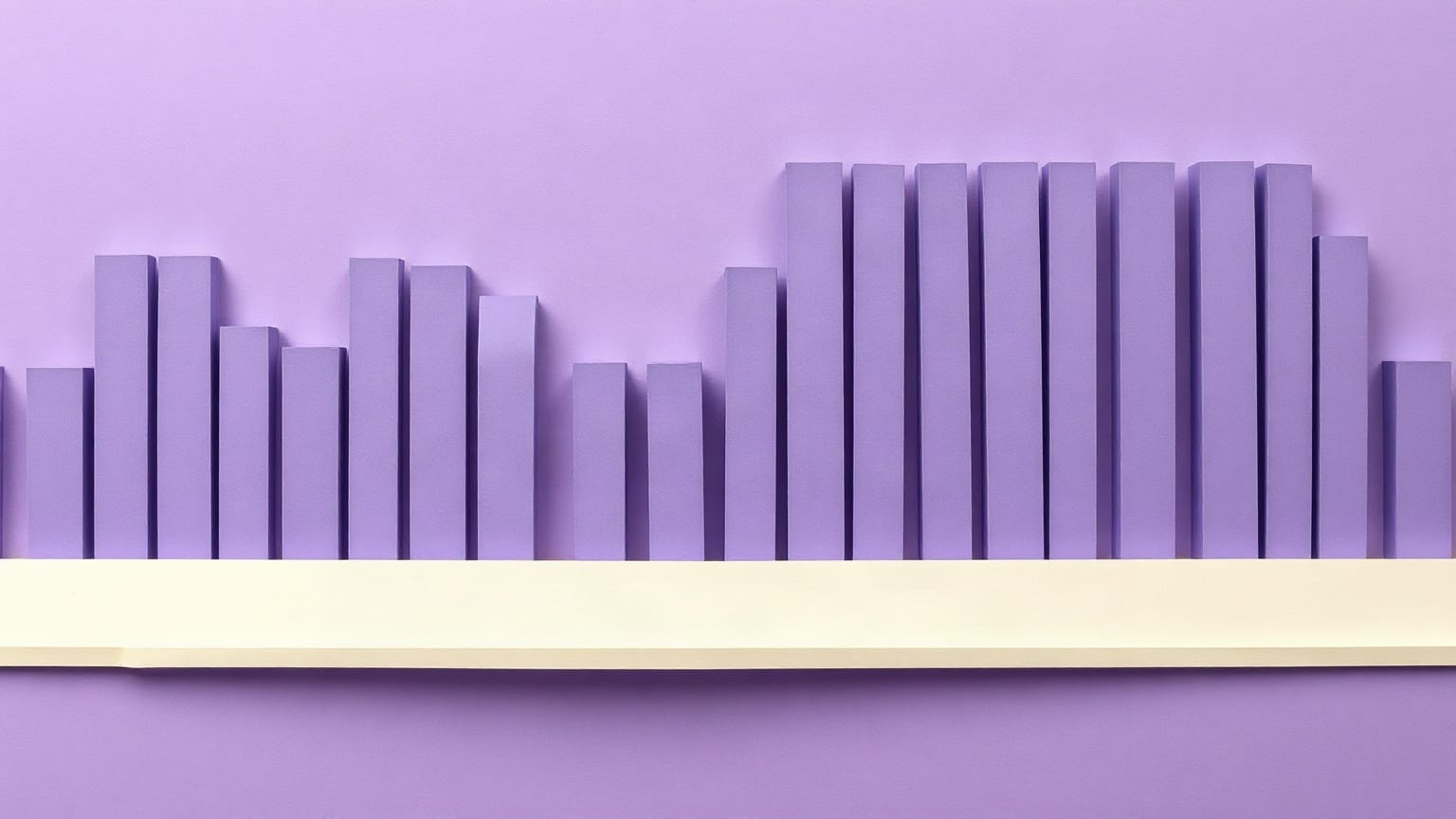 A close row of tall narrow tower slabs in violet paper standing on a pale cream band, an even skyline broken by a few shorter blocks