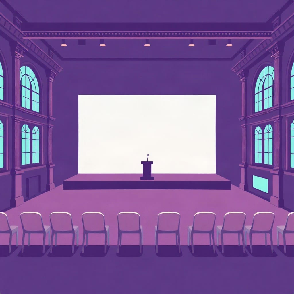 An empty violet hall with arched windows, a small lectern on a low stage before a blank white screen and rows of chairs in the foreground