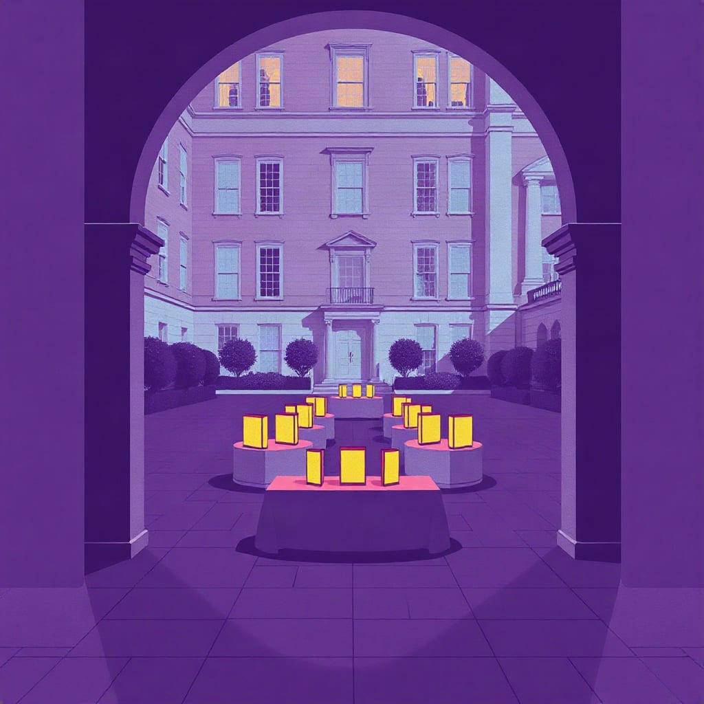 A stone courtyard seen through an arch, with a long table of small glowing screens in violet light