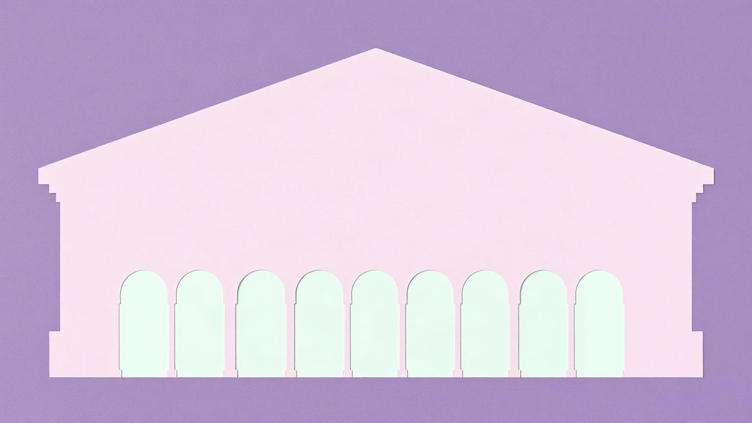 A flat gabled market-hall silhouette in violet paper with a row of mint arches beneath it