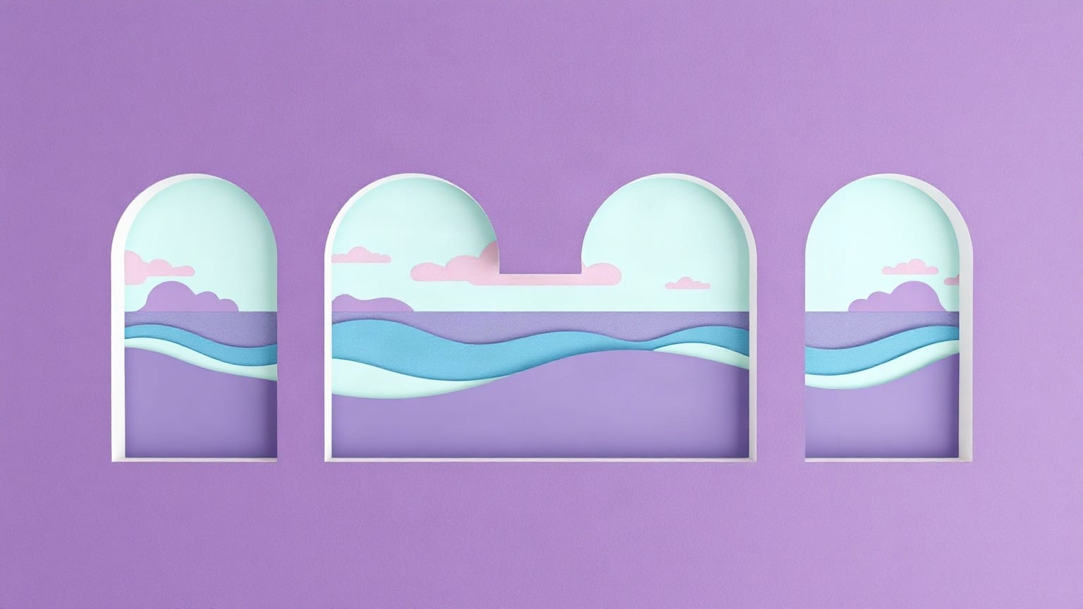 A row of flat arched openings in violet paper with mint sea shapes behind them