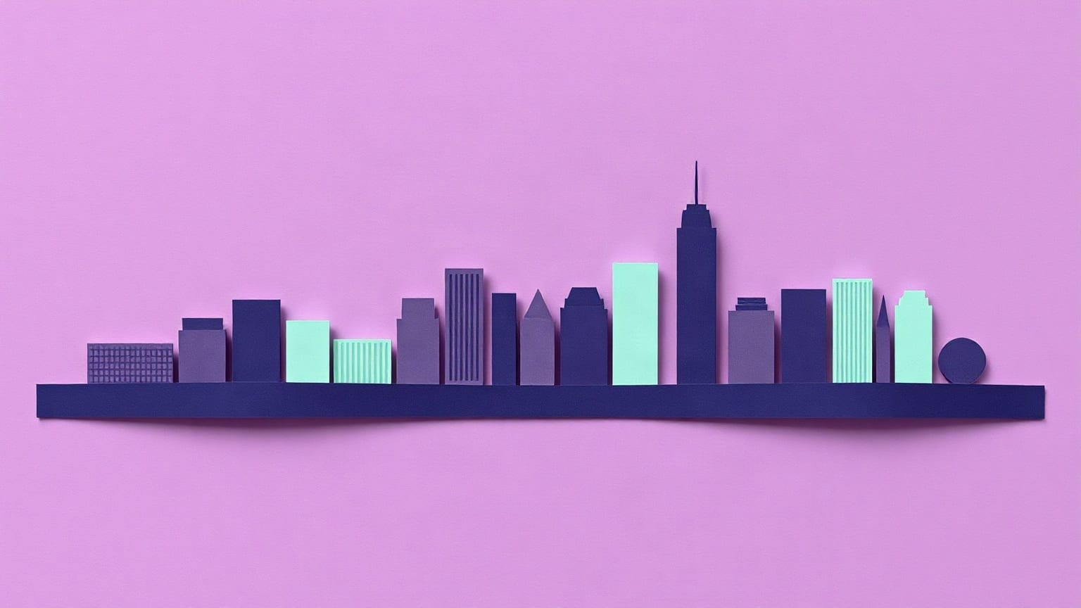 A stepped skyline of flat violet towers with a wide mint river band across the lower frame