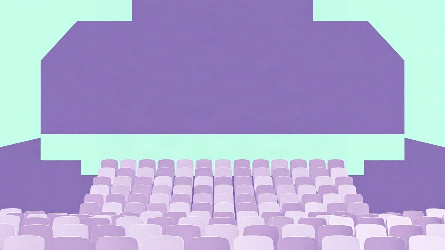A wide auditorium in violet paper seen from the back, a broad pale mint stage band across the lower third and dense rows of small lilac seat shapes filling the rest of the frame