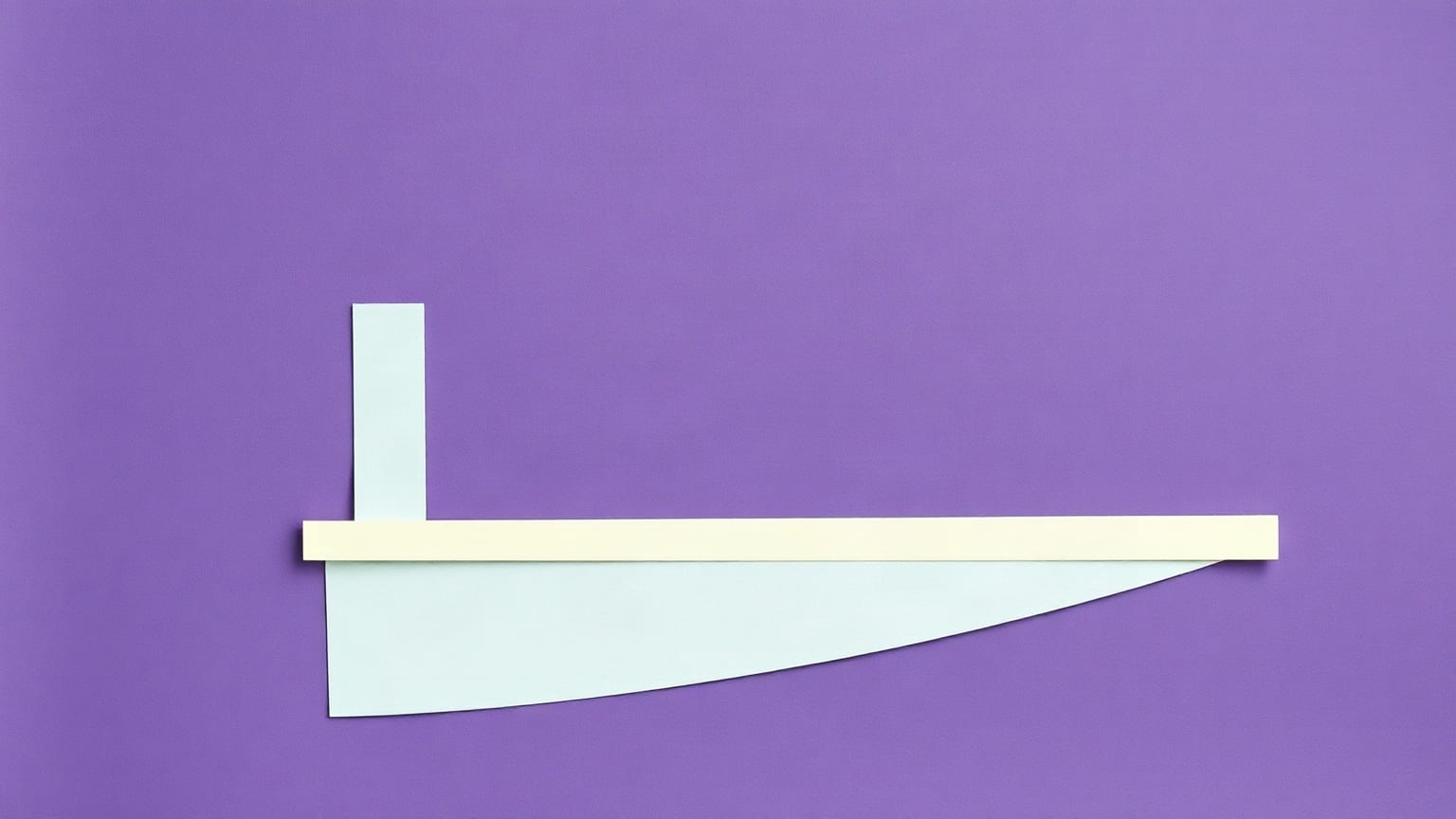 Three tall paper columns joined by a long flat deck in violet, a mint bay band below