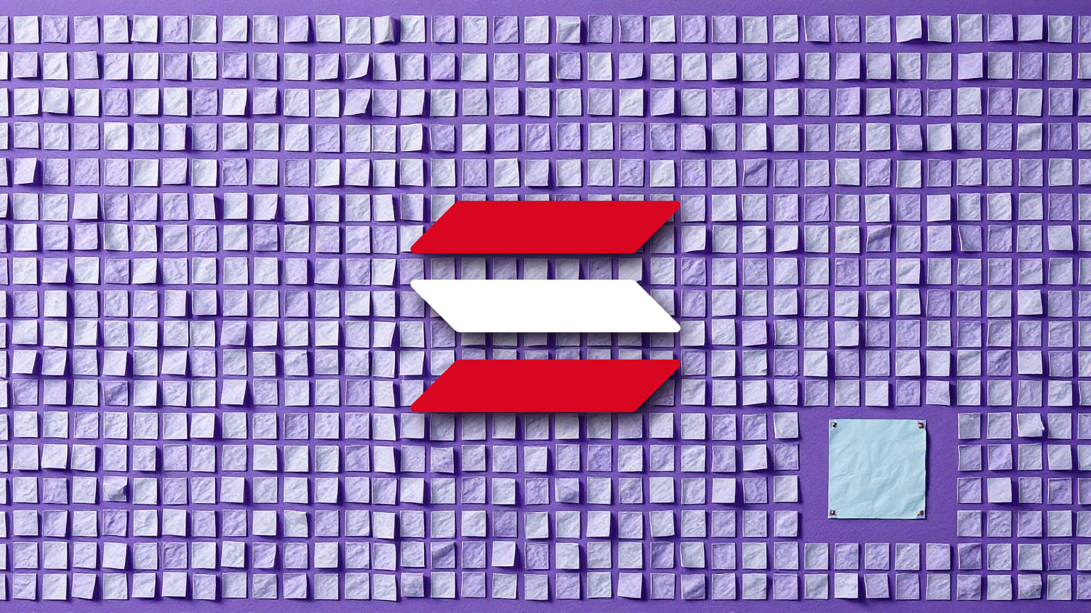 A dense wall of small violet paper squares in even rows, with the three-bar Solana mark hanging at its centre in the red and white of the Canadian flag