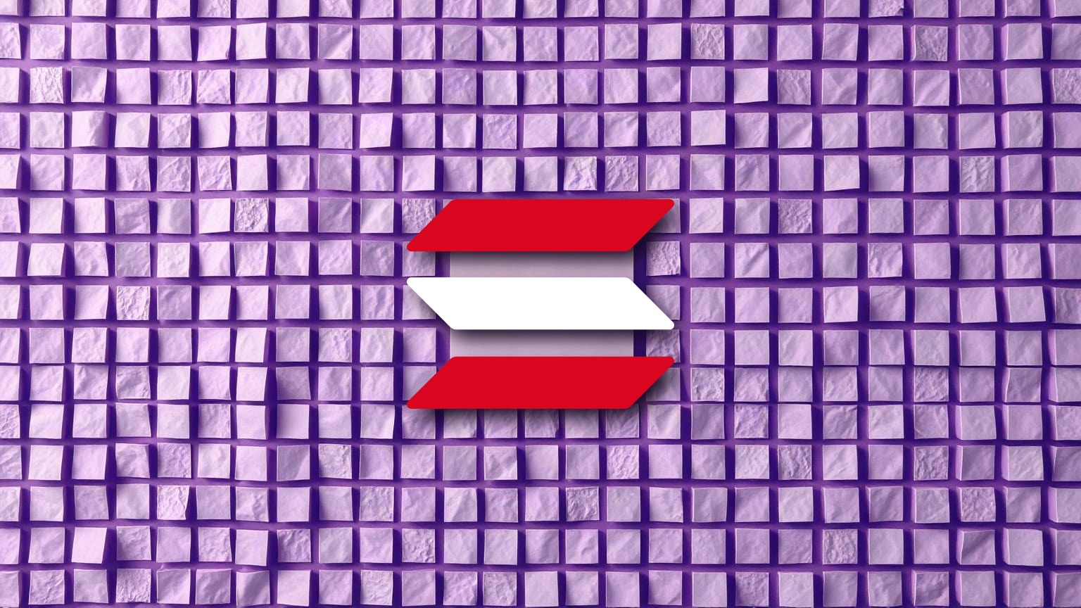 A dense wall of small violet paper squares in even rows, with the three-bar Solana mark hanging at its centre in the red and white of the Canadian flag