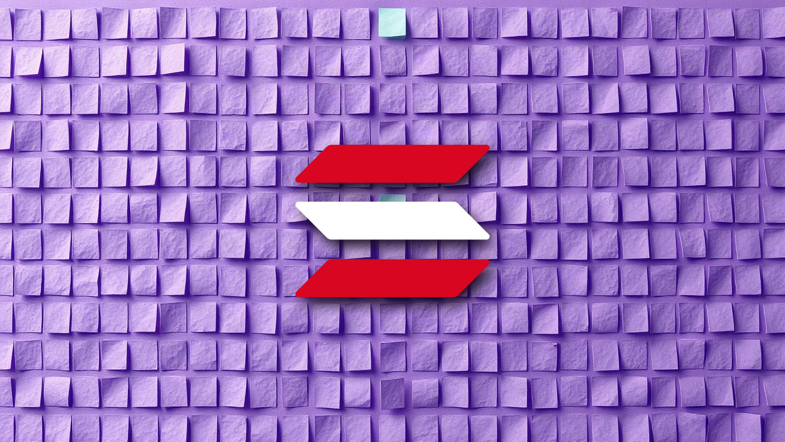 A dense wall of small violet paper squares in even rows, with the three-bar Solana mark hanging at its centre in the red and white of the Canadian flag