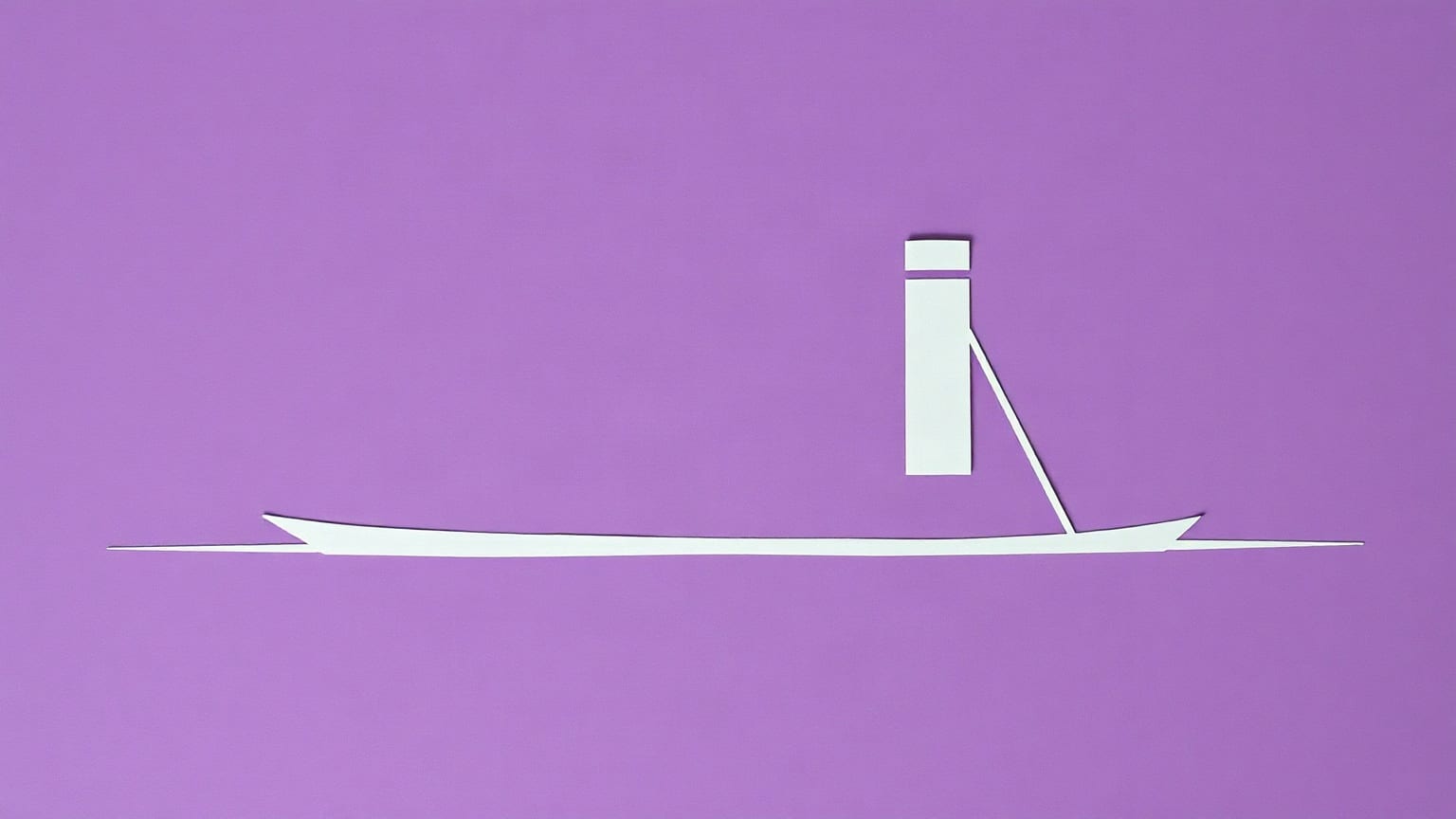 A long low boat hull cut from pale paper on a band of violet water, with a tall cylindrical tower standing beside it on the quay
